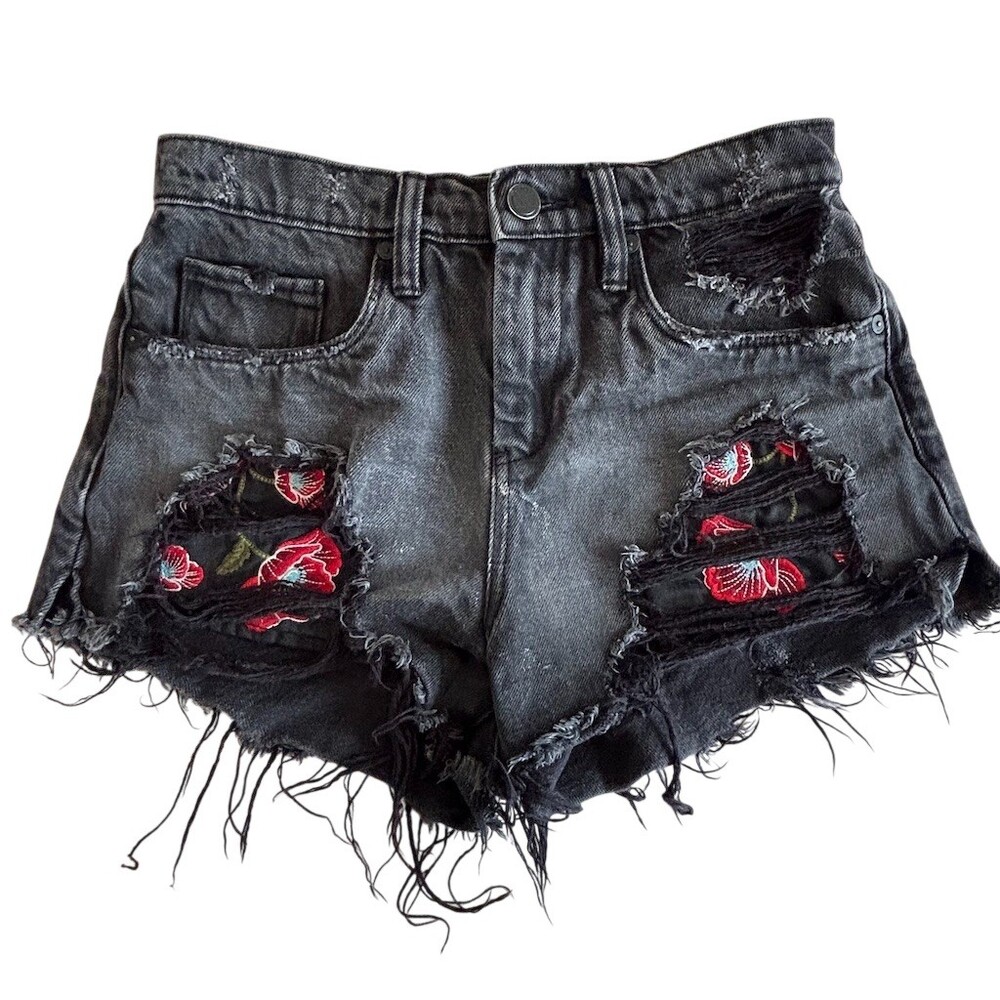 BLANKNYC Womens High Rise Cut-Off Denim Shorts Washed Black Floral Size 24